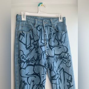 SHEIN Women’s Small High-Waisted Graphic Graffiti Style Flare Blue & Black Jeans